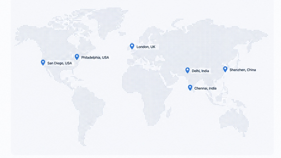 Map showing Fibro Source locations in San Diego, Philadelphia, London, Delhi, Chennai and Shenzhen