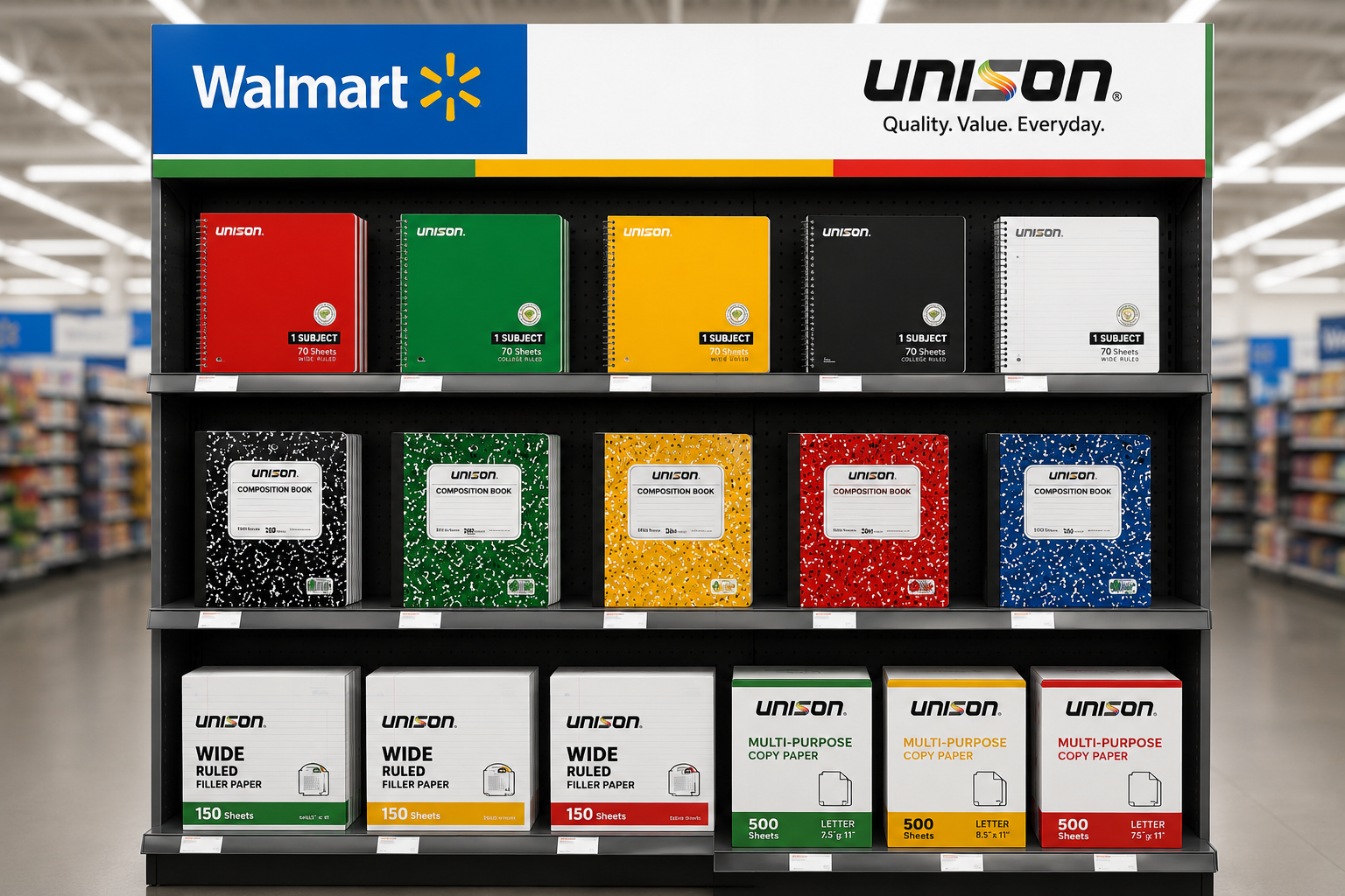Unison products displayed on a Walmart stationery shelf